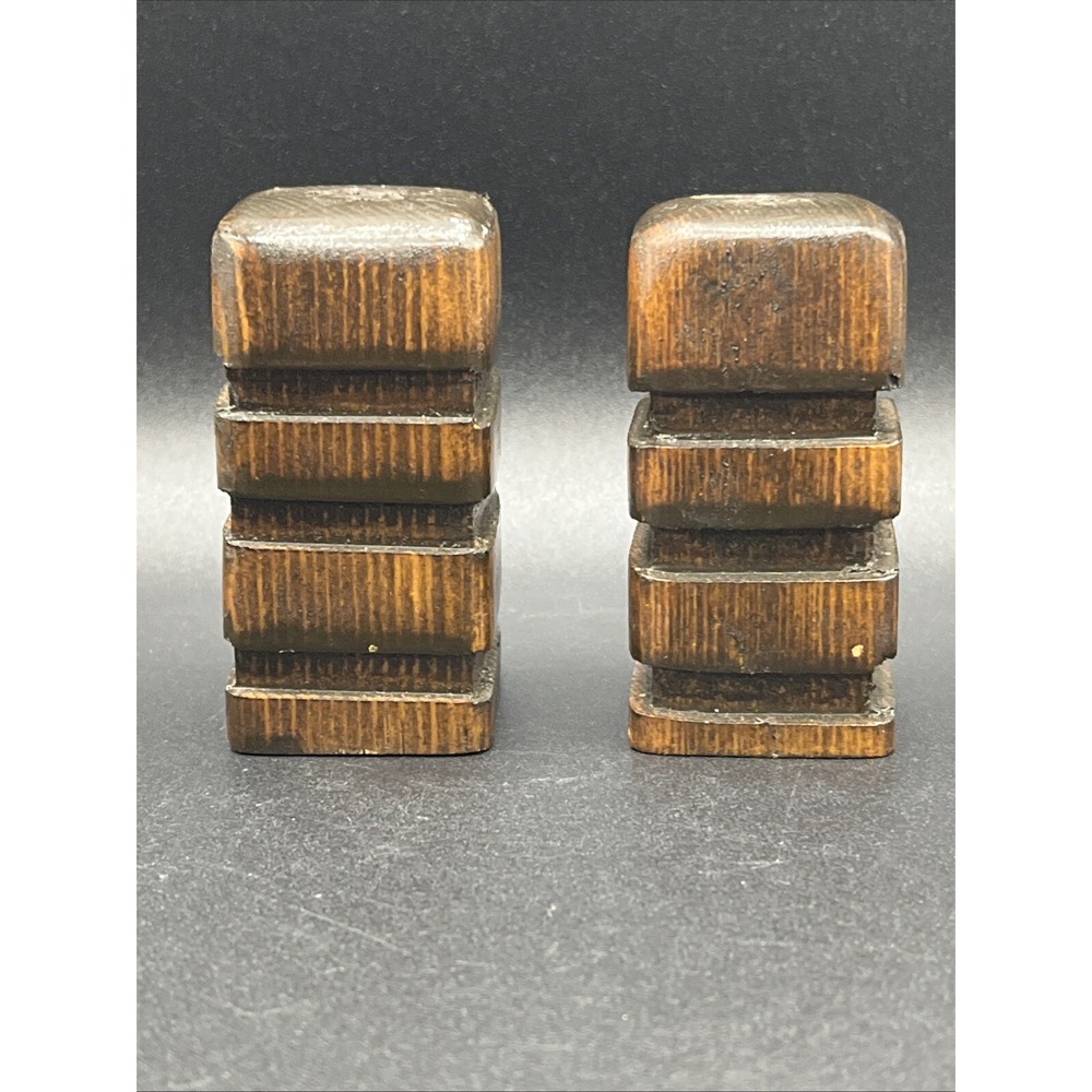 Square Wood Salt & Pepper Shakers MCM Retro Vtg 2.5"‎ Hand Carved 1970s Minimal